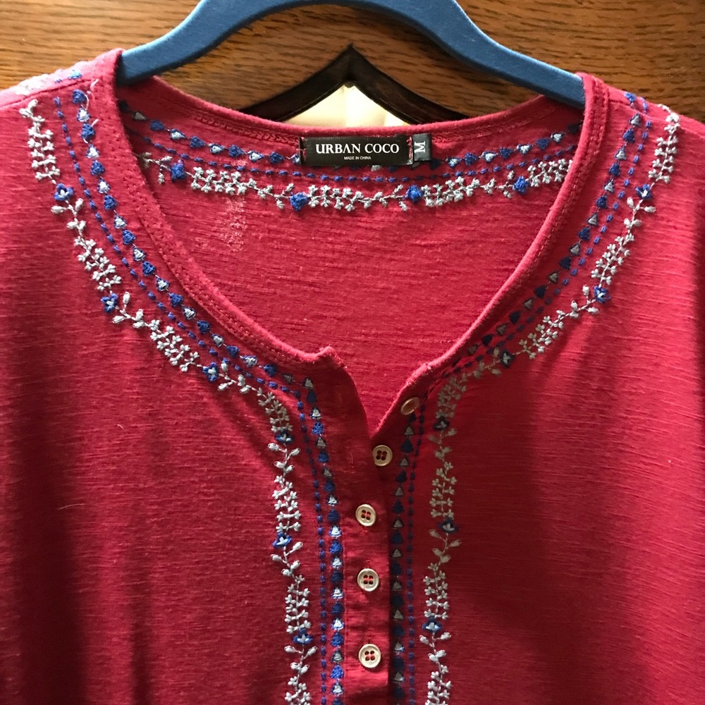 Urban Cocoa maroon/red blouse with embroidered detailing.
Size Medium